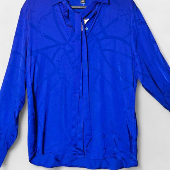 Ralph Lauren Satin Belting-Motif Jacquard Tie-Neck Shirt L Sapphire Star NWT - Picture 5 of 9